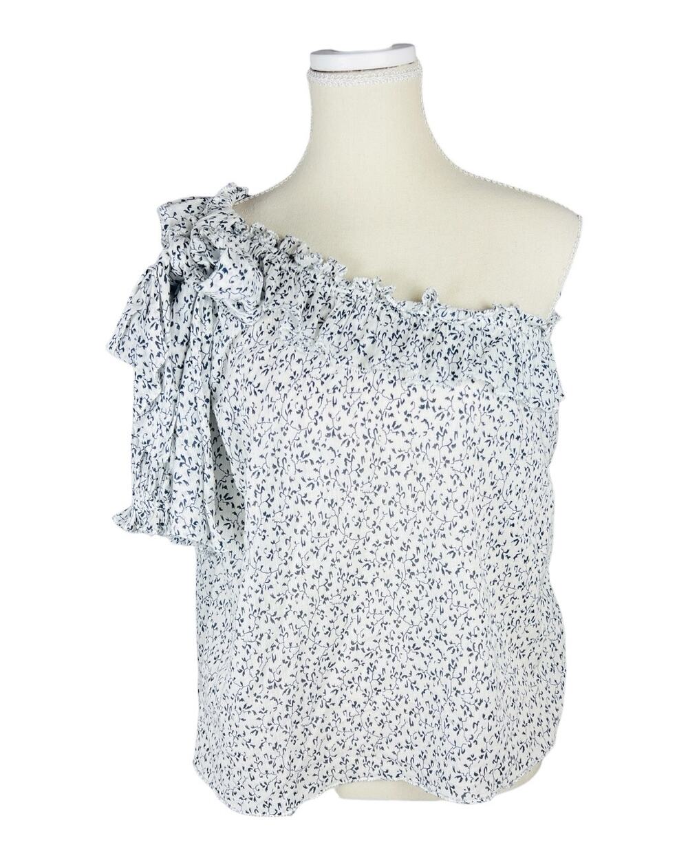 Ulla Johnson Alene White Blue Floral Cotton One Shoulder Ruffle Blouse Top 0